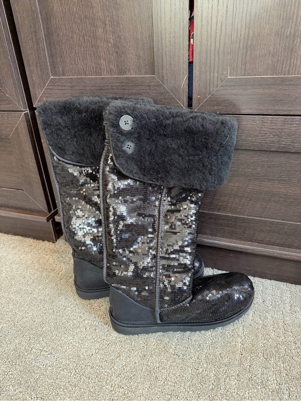Ugg tall black sequin boots. Size 11 over the knees flip down
